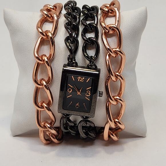 Rose Gold Black Tone Metal Mutlit Chain Watch Wrtistwatch Edgy Statement Chunky - Picture 1 of 7